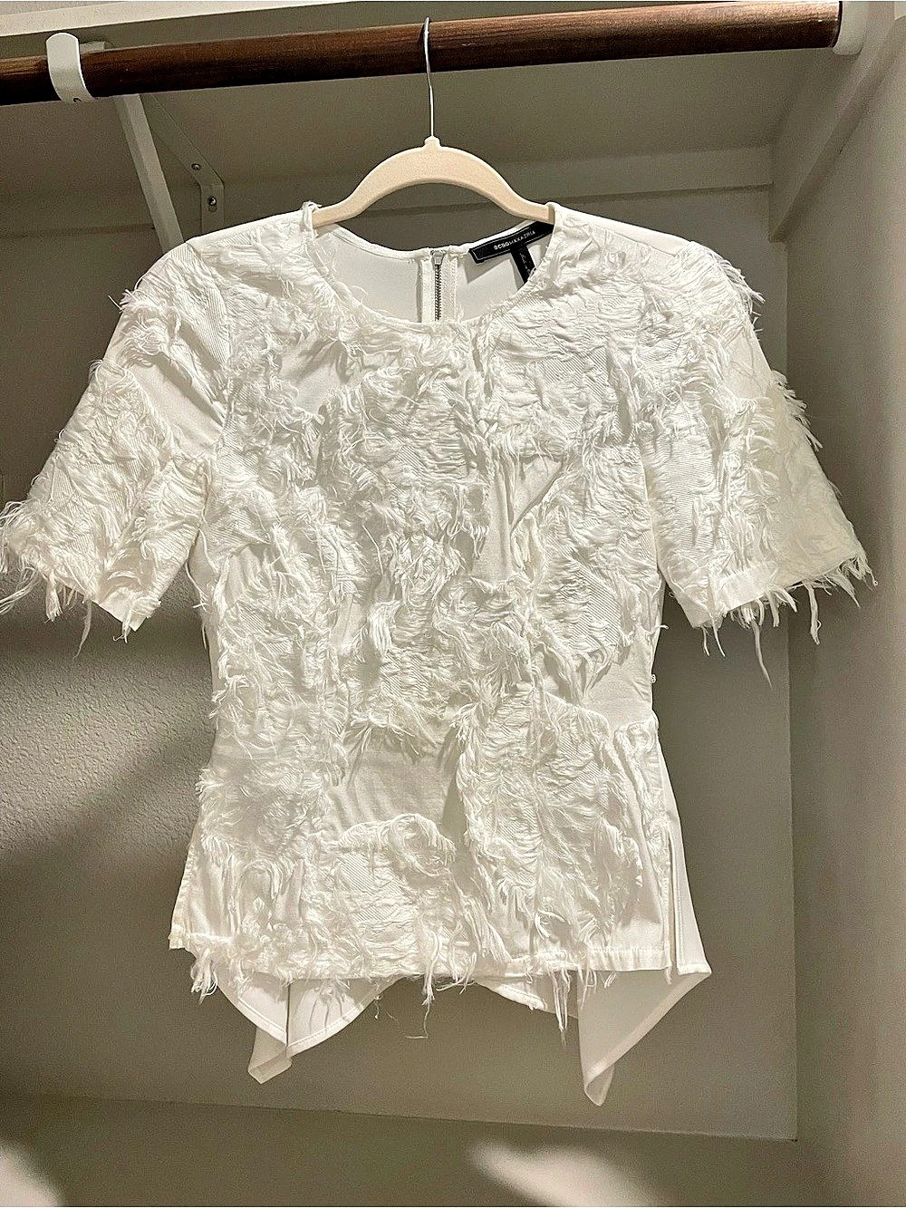 BCBGMAXAZRIA Textured Fringe Short-Sleeve Blouse White